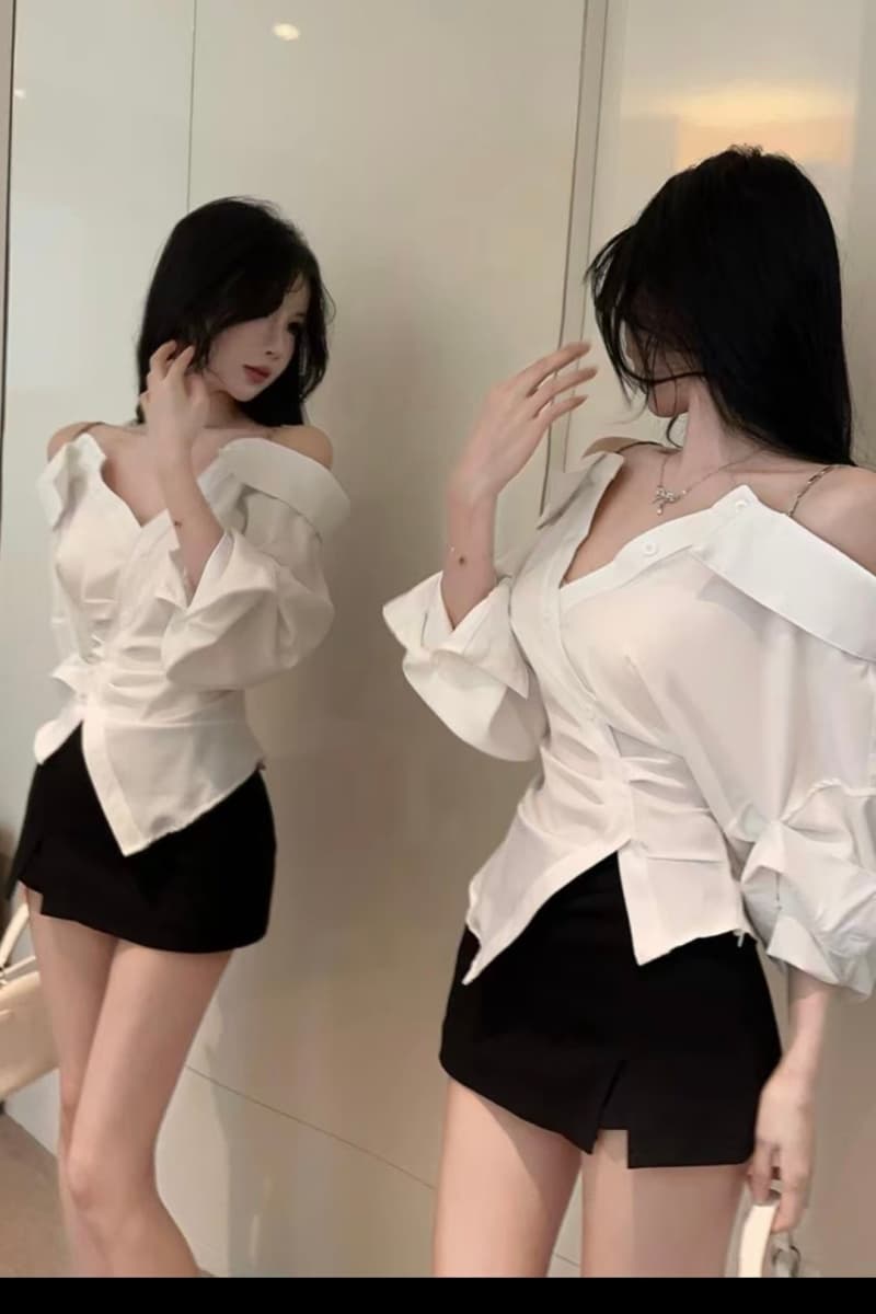 불규칙 V넥 화이트 여성 셔츠 디자인 센스 작은 대중 오프숄더 패션 맨위 고급 센스 Chic 셔츠 상세 이미지 8