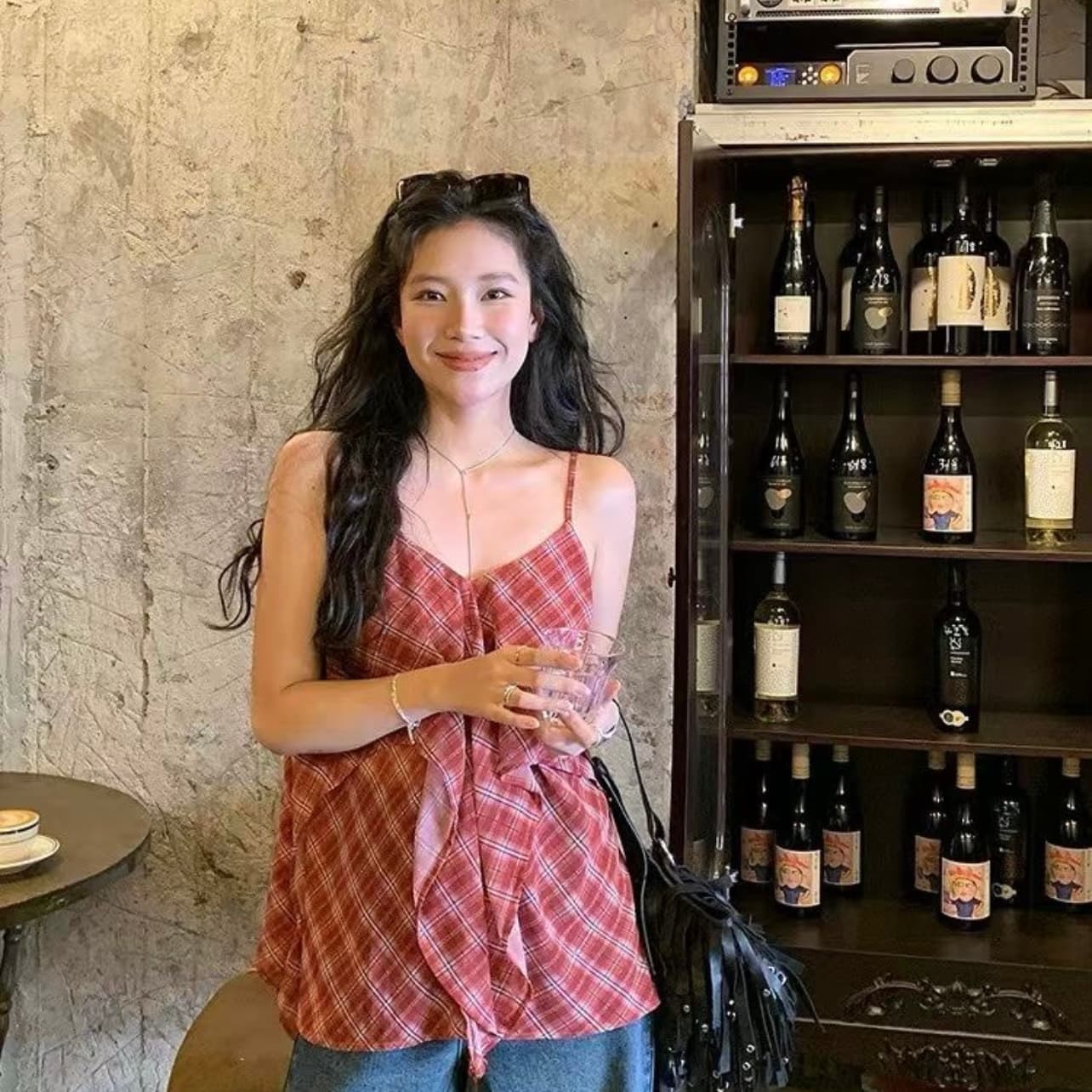 레트로 슬림해 보이는 체크무늬 이중층 외출용 캐미솔 여름 얇은 스타일 불규칙 맨위 상세 이미지 1