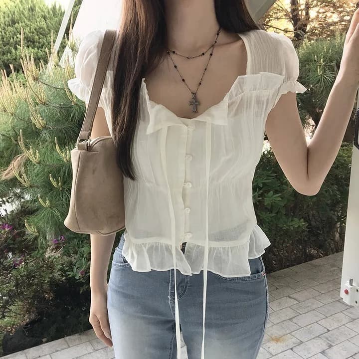 한 부서 여름 프랑스식 달콤함 연령 감소 부드러운 프릴 주름 장식 허리 수축 반팔 쉬폰 셔츠 맨위 이미지 3
