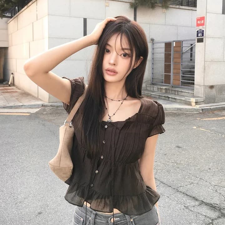한 부서 여름 프랑스식 달콤함 연령 감소 부드러운 프릴 주름 장식 허리 수축 반팔 쉬폰 셔츠 맨위