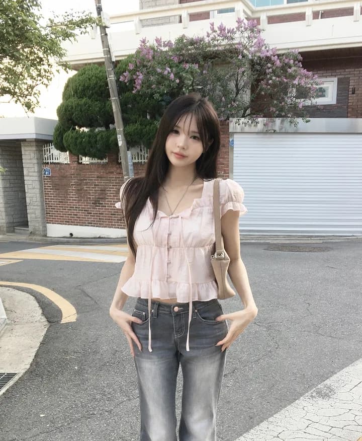 한 부서 여름 프랑스식 달콤함 연령 감소 부드러운 프릴 주름 장식 허리 수축 반팔 쉬폰 셔츠 맨위 상세 이미지 14