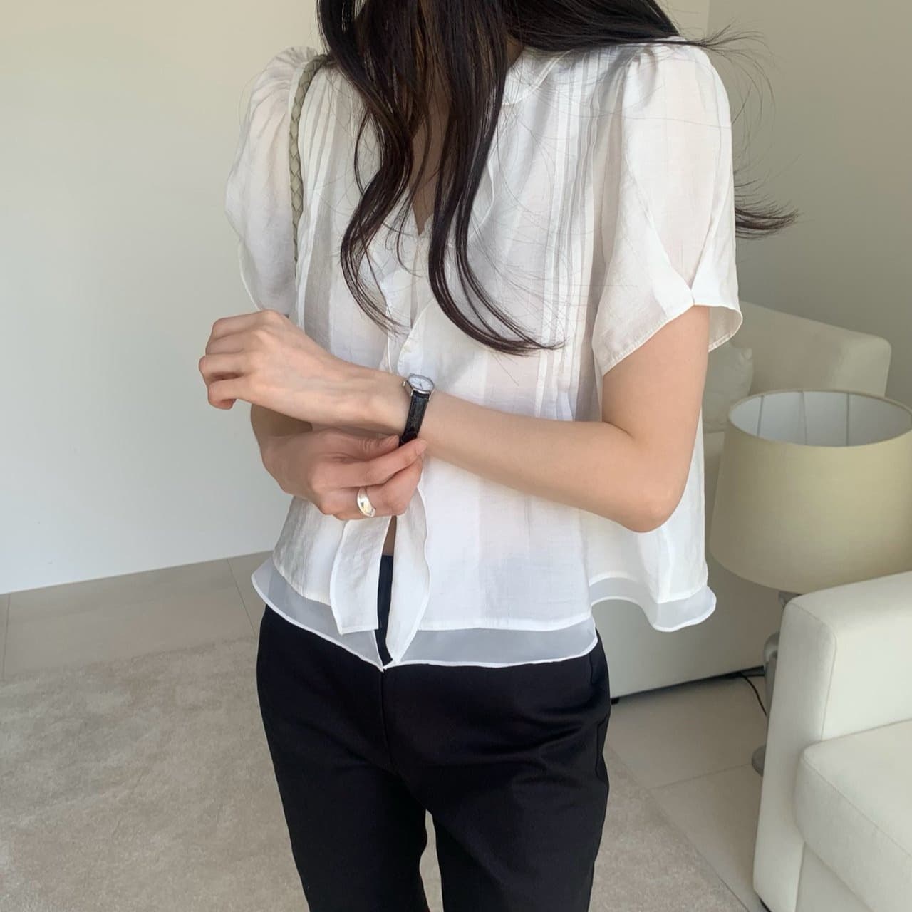 한국 스타일 프릴 반팔 싱글 줄 버튼 페이크 레이어드 셔츠 이미지 5