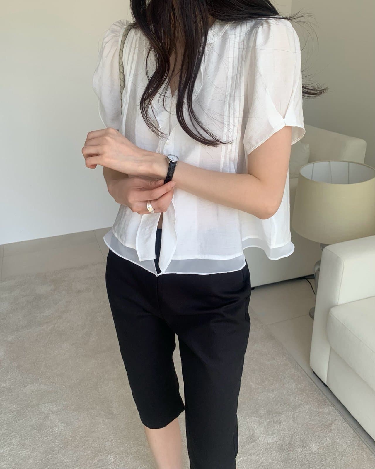 한국 스타일 프릴 반팔 싱글 줄 버튼 페이크 레이어드 셔츠 상세 이미지 7