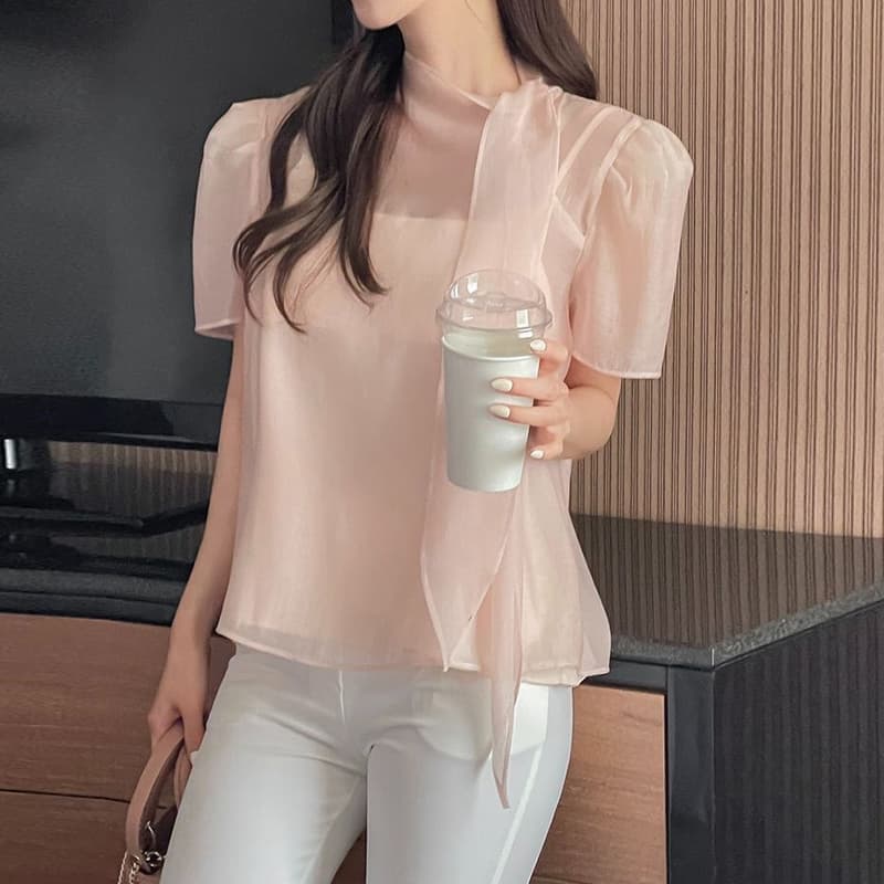 한국 스타일 패션 나비 매듭 부서 넥타이 반팔 시스루 쉬폰 블라우스 맨위