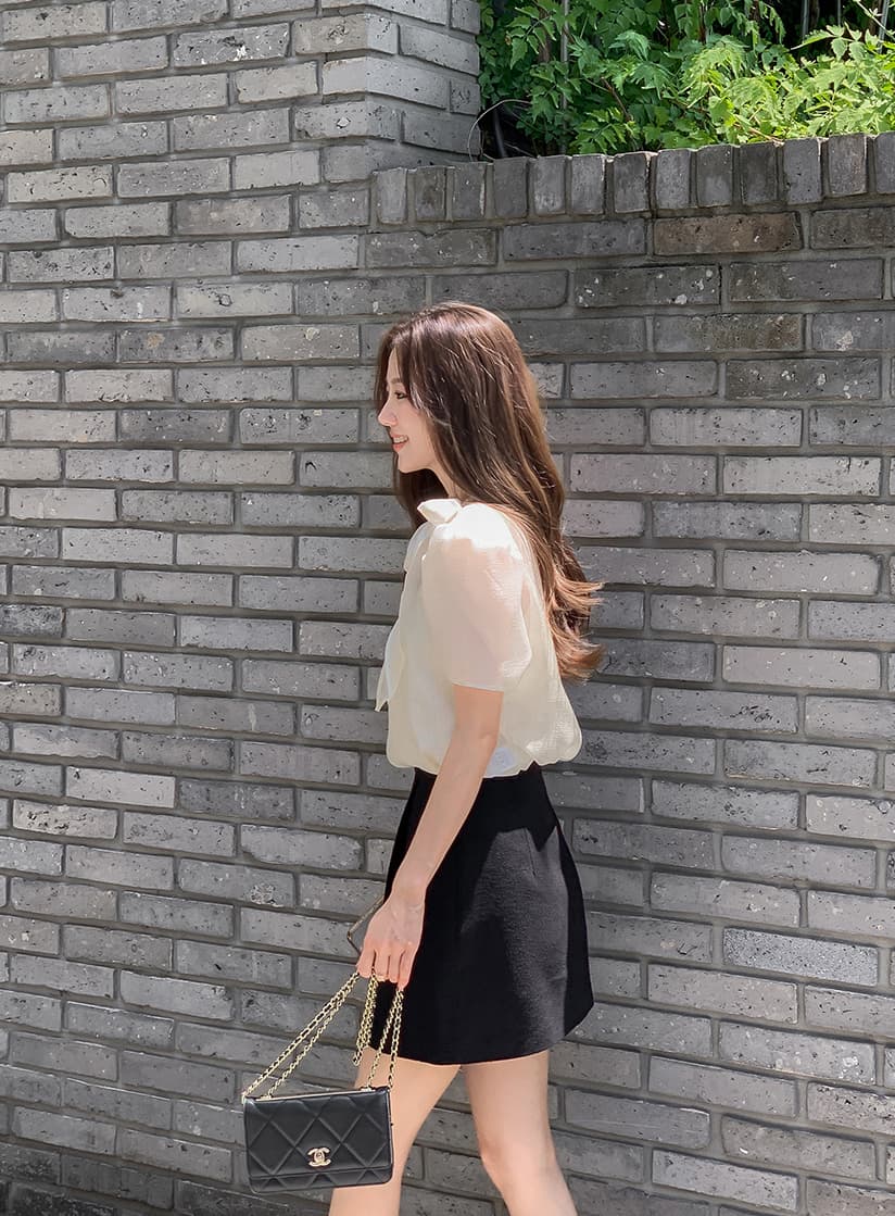 한국 스타일 패션 나비 매듭 부서 넥타이 반팔 시스루 쉬폰 블라우스 맨위 상세 이미지 18