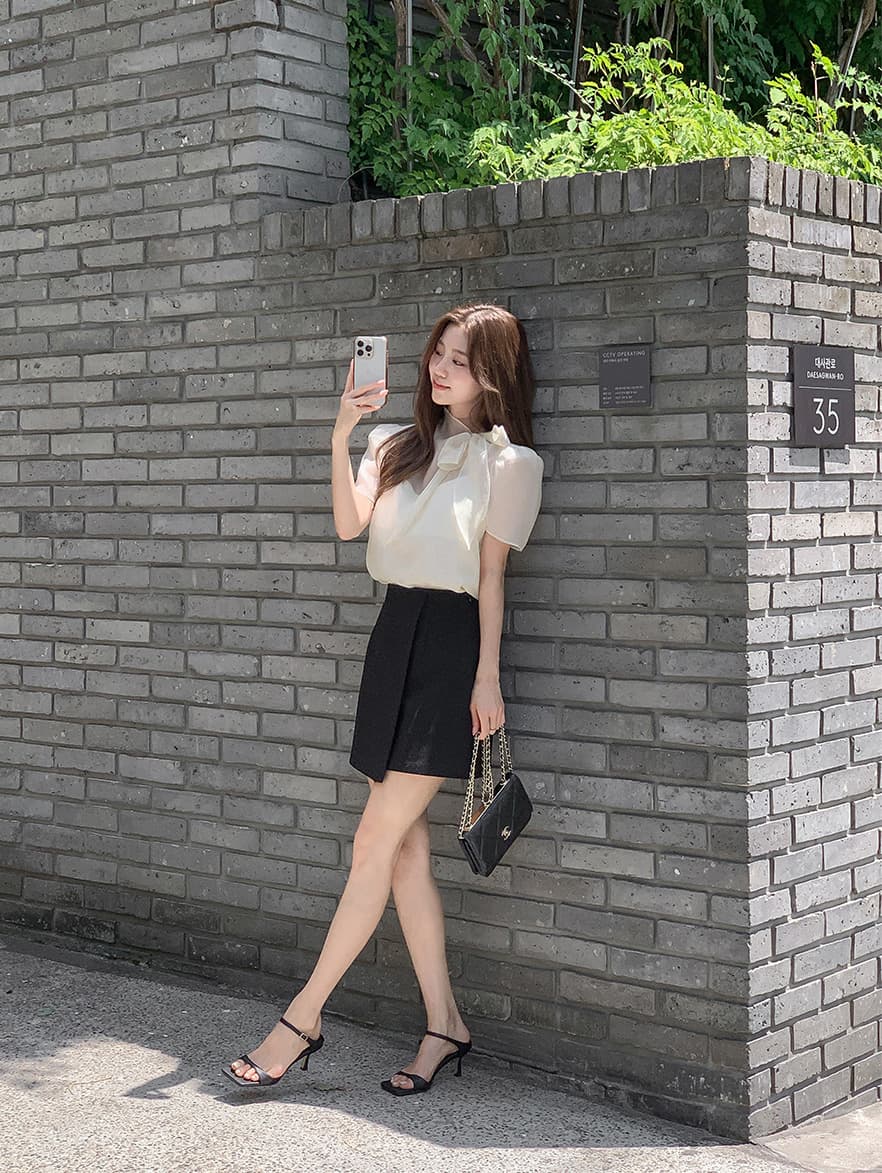 한국 스타일 패션 나비 매듭 부서 넥타이 반팔 시스루 쉬폰 블라우스 맨위 상세 이미지 19