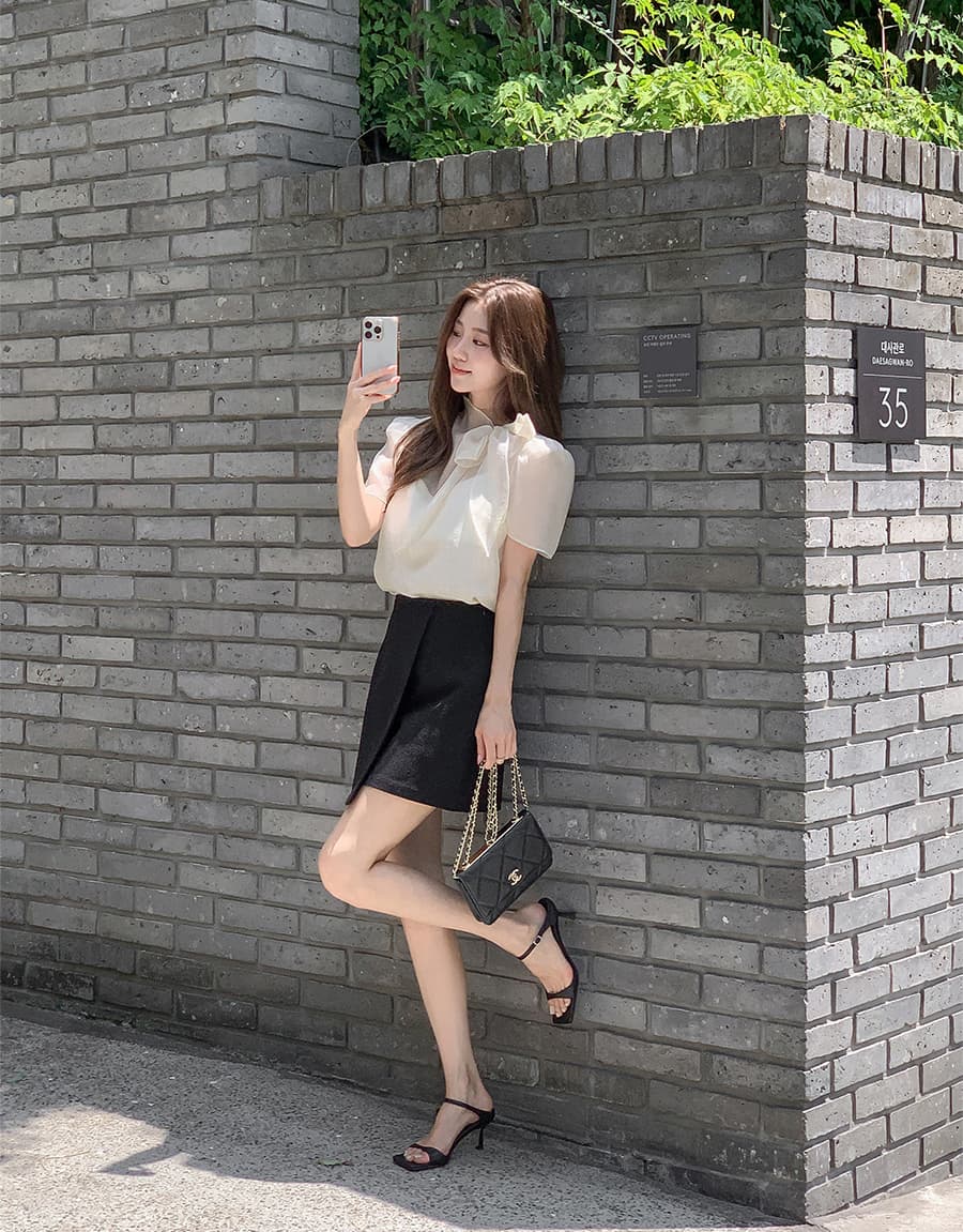 한국 스타일 패션 나비 매듭 부서 넥타이 반팔 시스루 쉬폰 블라우스 맨위 상세 이미지 20