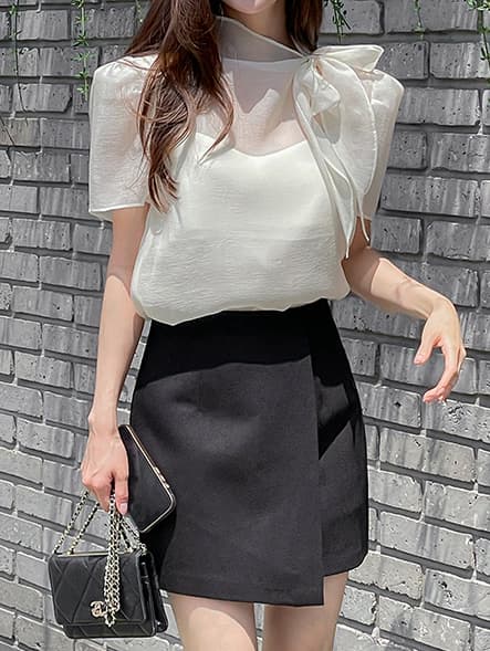 한국 스타일 패션 나비 매듭 부서 넥타이 반팔 시스루 쉬폰 블라우스 맨위 상세 이미지 22