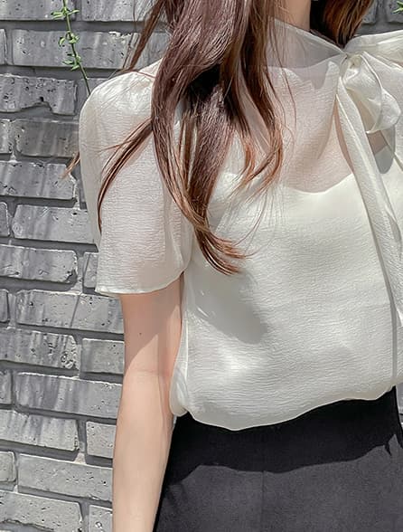한국 스타일 패션 나비 매듭 부서 넥타이 반팔 시스루 쉬폰 블라우스 맨위 상세 이미지 23