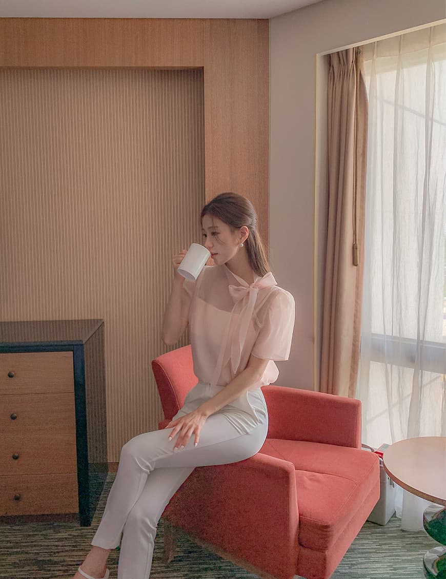 한국 스타일 패션 나비 매듭 부서 넥타이 반팔 시스루 쉬폰 블라우스 맨위 상세 이미지 27