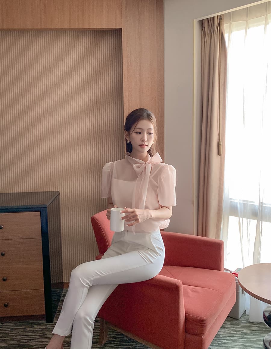 한국 스타일 패션 나비 매듭 부서 넥타이 반팔 시스루 쉬폰 블라우스 맨위 상세 이미지 32