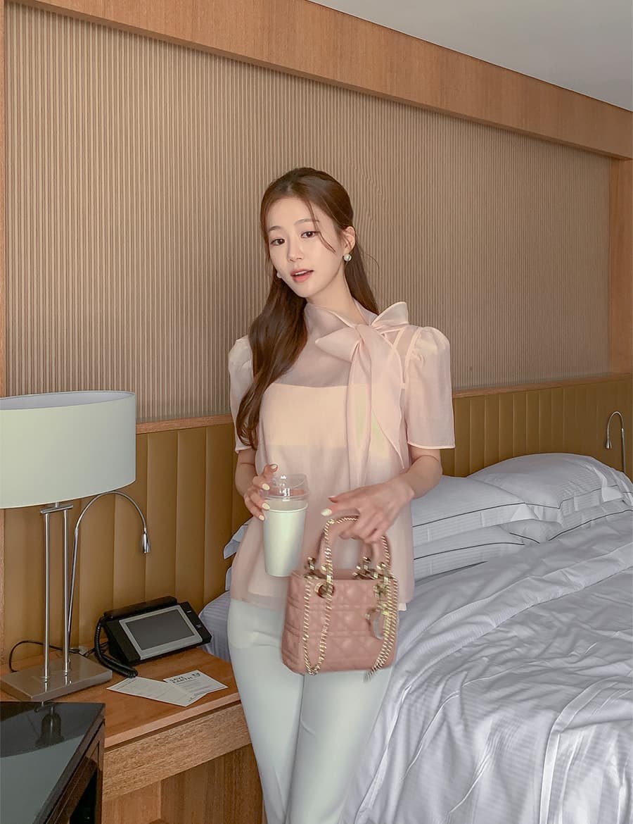 한국 스타일 패션 나비 매듭 부서 넥타이 반팔 시스루 쉬폰 블라우스 맨위 상세 이미지 38
