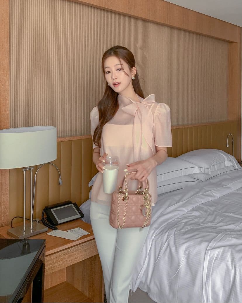 한국 스타일 패션 나비 매듭 부서 넥타이 반팔 시스루 쉬폰 블라우스 맨위 상세 이미지 39