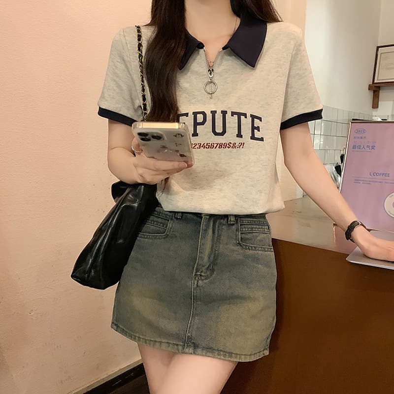 반팔 티셔츠 여성 여름 지퍼 배색 폴로 칼라 한국 스타일 맨위 이미지 2