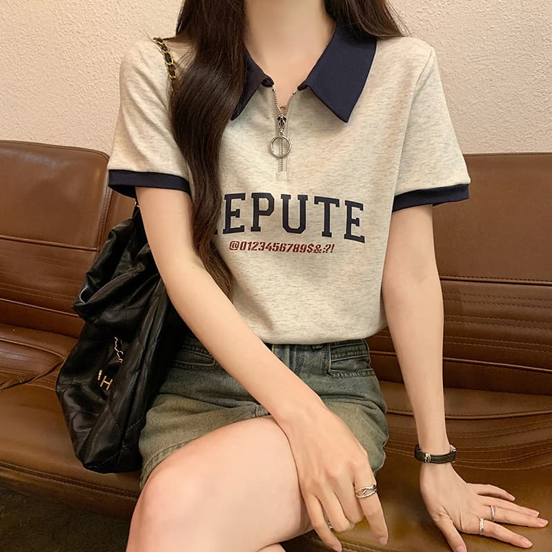 반팔 티셔츠 여성 여름 지퍼 배색 폴로 칼라 한국 스타일 맨위 상세 이미지 24