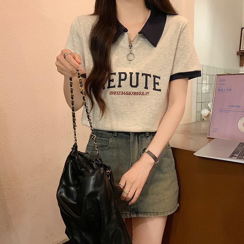 반팔 티셔츠 여성 여름 지퍼 배색 폴로 칼라 한국 스타일 맨위 상세 이미지 28