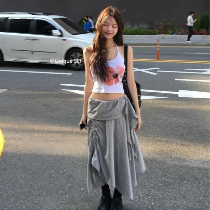 레트로 꽃 프린트 슬립 맨위 슬림해 보이는 다용도 펌프 Pleat 반신 스커트