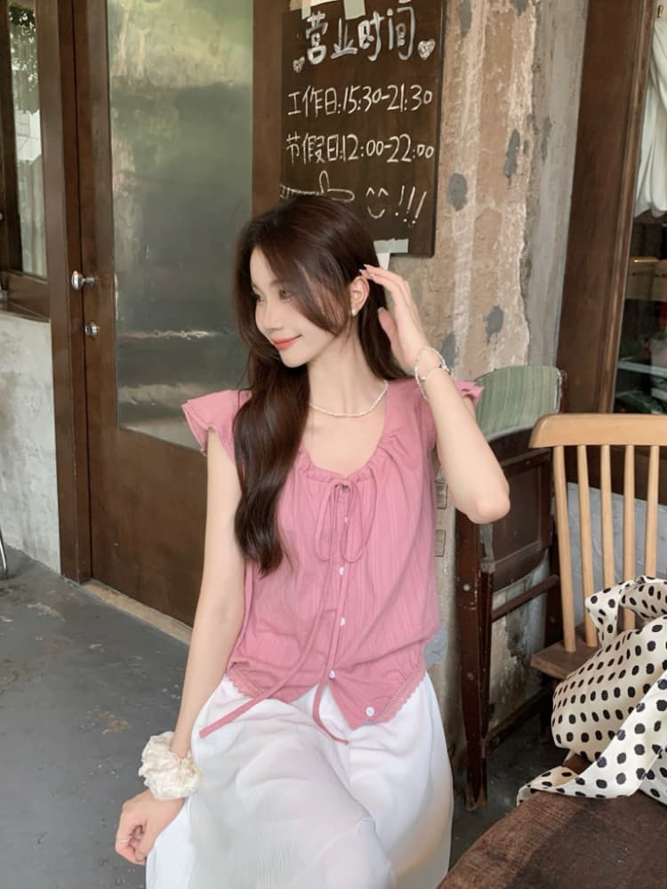 프랑스식 달콤한 스타일 라운드 넥 펌프 Pleat 레이스업 Feifei 소매 맨위 단추 작은 키 단색 작은 셔츠 이미지 3