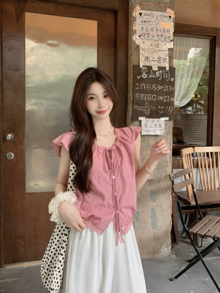 프랑스식 달콤한 스타일 라운드 넥 펌프 Pleat 레이스업 Feifei 소매 맨위 단추 작은 키 단색 작은 셔츠 상세 이미지 1