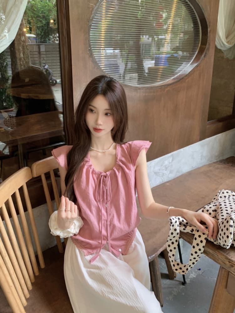 프랑스식 달콤한 스타일 라운드 넥 펌프 Pleat 레이스업 Feifei 소매 맨위 단추 작은 키 단색 작은 셔츠 상세 이미지 5