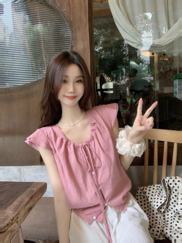 프랑스식 달콤한 스타일 라운드 넥 펌프 Pleat 레이스업 Feifei 소매 맨위 단추 작은 키 단색 작은 셔츠 상세 이미지 8