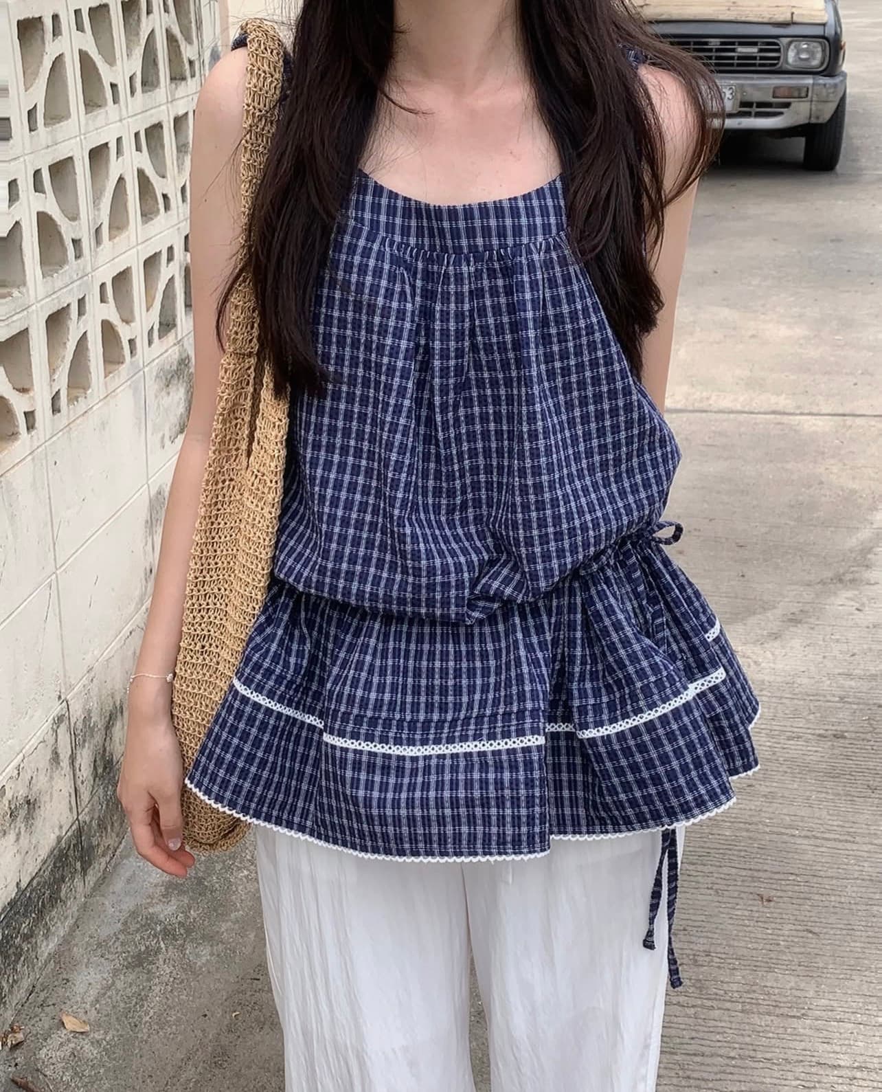여름 새로운 한 부서 달콤함 체크무늬 민소매 조끼 펌프 로프 드레스 이미지 2