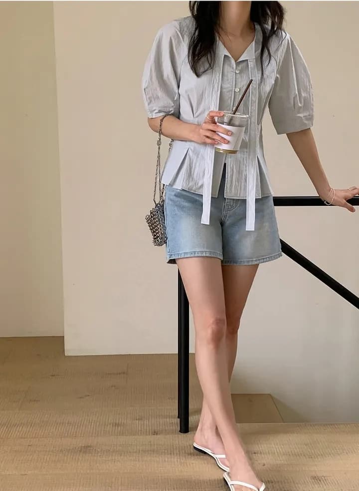 한국 스타일 디자인 센스 레이스업 싱글 줄 버튼 셔츠 상세 이미지 74