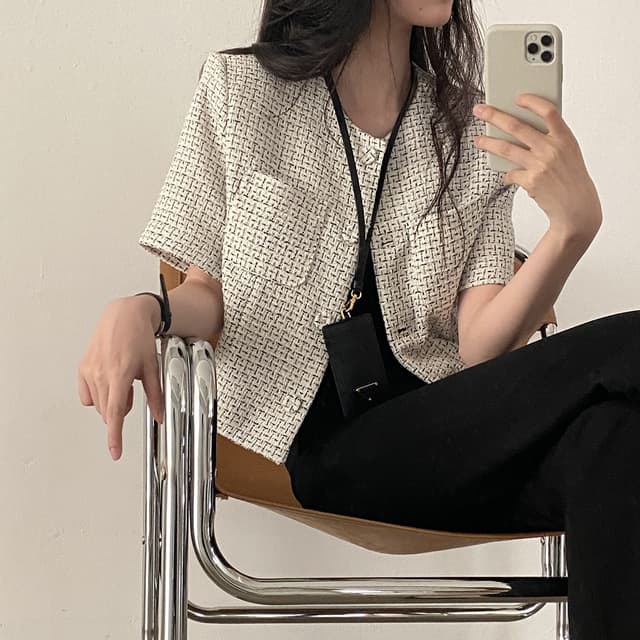 프랑스식 chic 작은 샤넬 스타일 체크무늬 반팔 작은 외투 여성 슬림해 보이는 품격 다용도 오픈 가디건 이미지 2