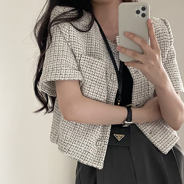 프랑스식 chic 작은 샤넬 스타일 체크무늬 반팔 작은 외투 여성 슬림해 보이는 품격 다용도 오픈 가디건 이미지 3