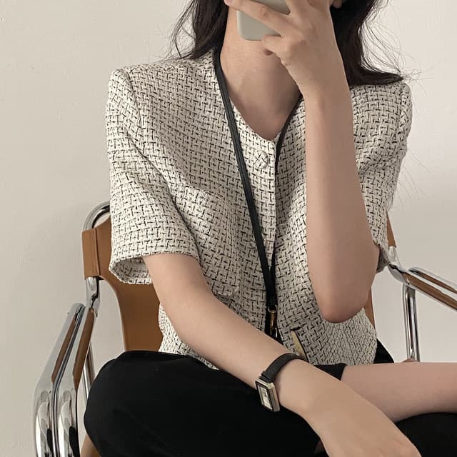 프랑스식 chic 작은 샤넬 스타일 체크무늬 반팔 작은 외투 여성 슬림해 보이는 품격 다용도 오픈 가디건 상세 이미지 3