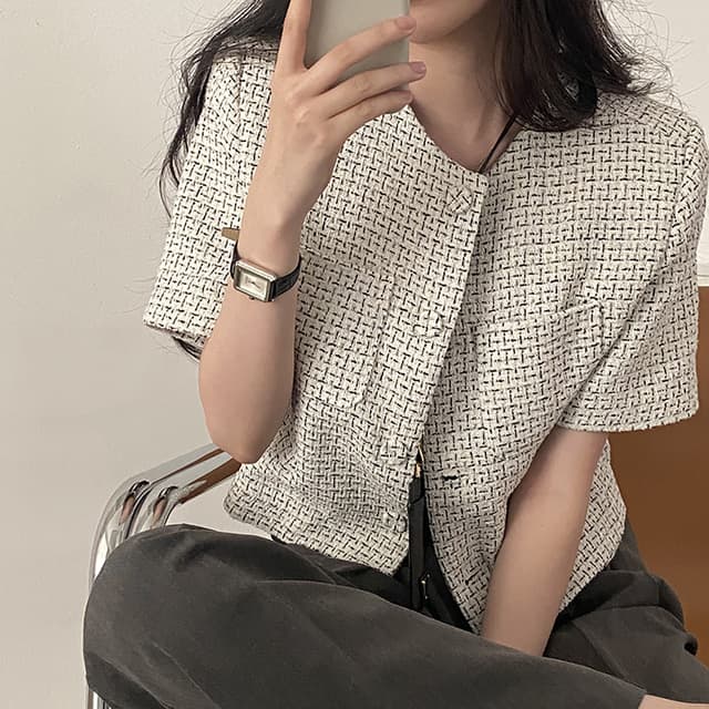 프랑스식 chic 작은 샤넬 스타일 체크무늬 반팔 작은 외투 여성 슬림해 보이는 품격 다용도 오픈 가디건 상세 이미지 13