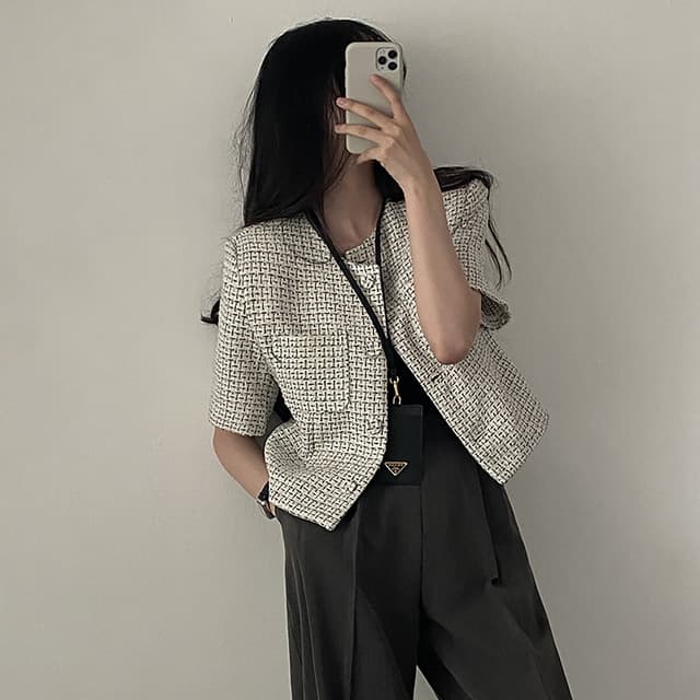프랑스식 chic 작은 샤넬 스타일 체크무늬 반팔 작은 외투 여성 슬림해 보이는 품격 다용도 오픈 가디건 상세 이미지 16