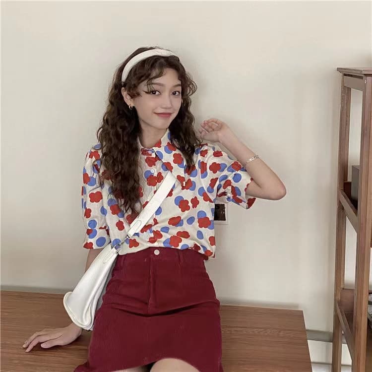 여름 새로운 프랑스식 레트로 항구 바람 꽃무늬 여성 셔츠 디자인 센스 작은 대중 베이비 칼라 거품 소매 맨위 상세 이미지 8