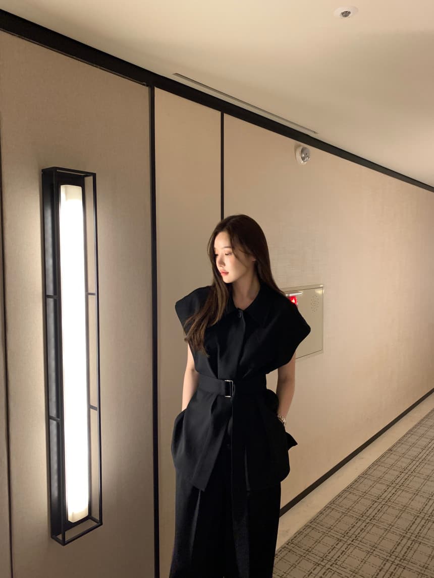 여름 프랑스식 폴로 칼라 민소매 레이스 업 셔츠 하이웨이스트 와이드 레그 팬츠 투피스 슈트 상세 이미지 16
