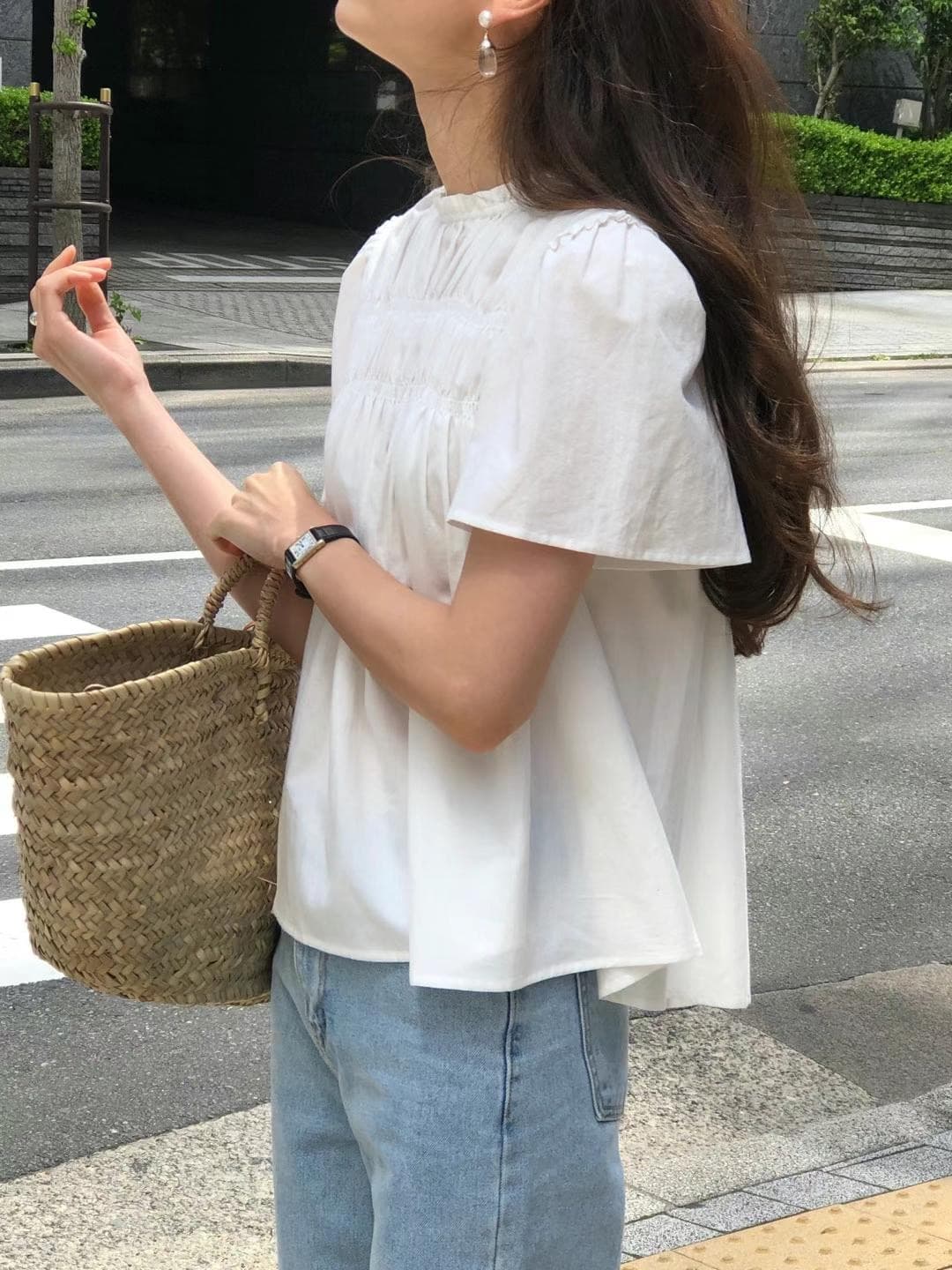 여름 달콤함 연령 감소 레이스 스탠드 칼라 주름 루즈핏 셔츠 인형 셔츠 맨위 상세 이미지 8