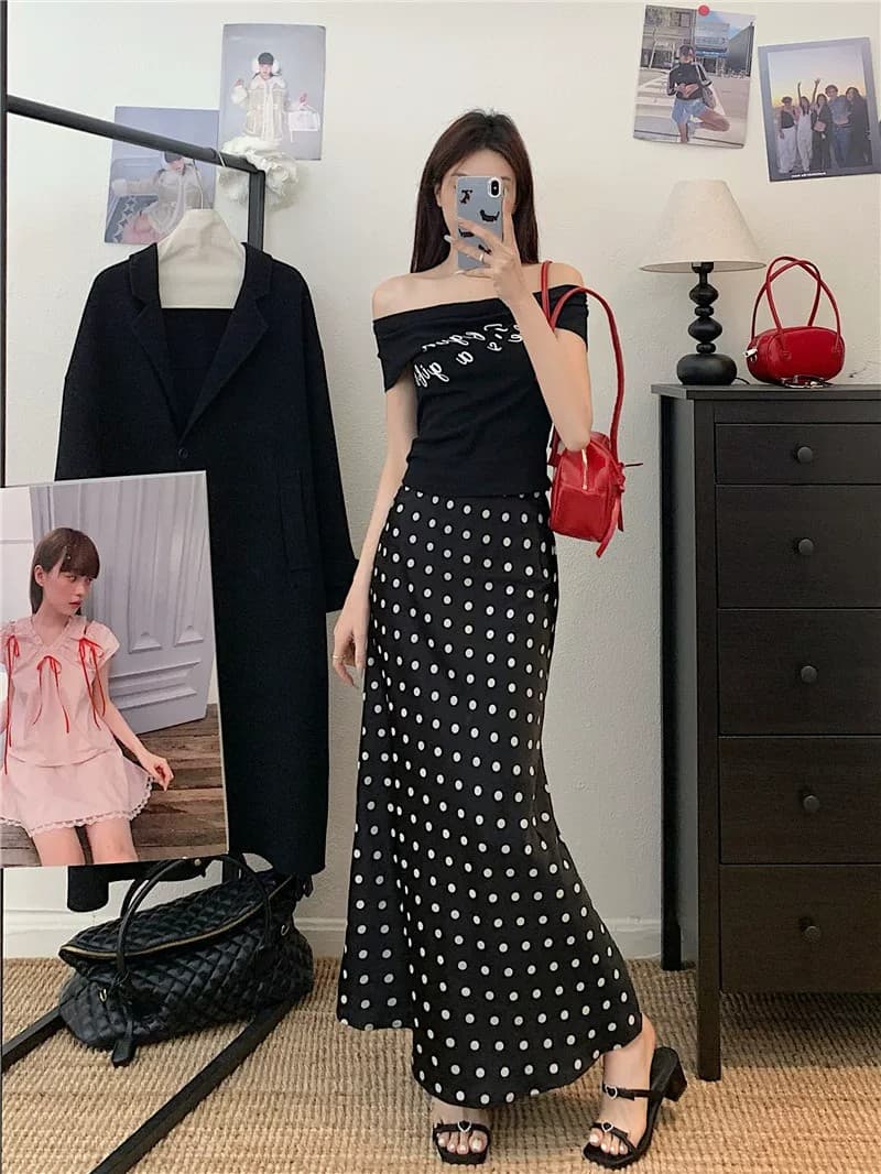 고급 센스 도트 무늬 반신 롱 스커트 하이웨이스트 디스플레이 농땡이 부리다 타이트 스커트 새틴 인어 꼬리 스커트 상세 이미지 20