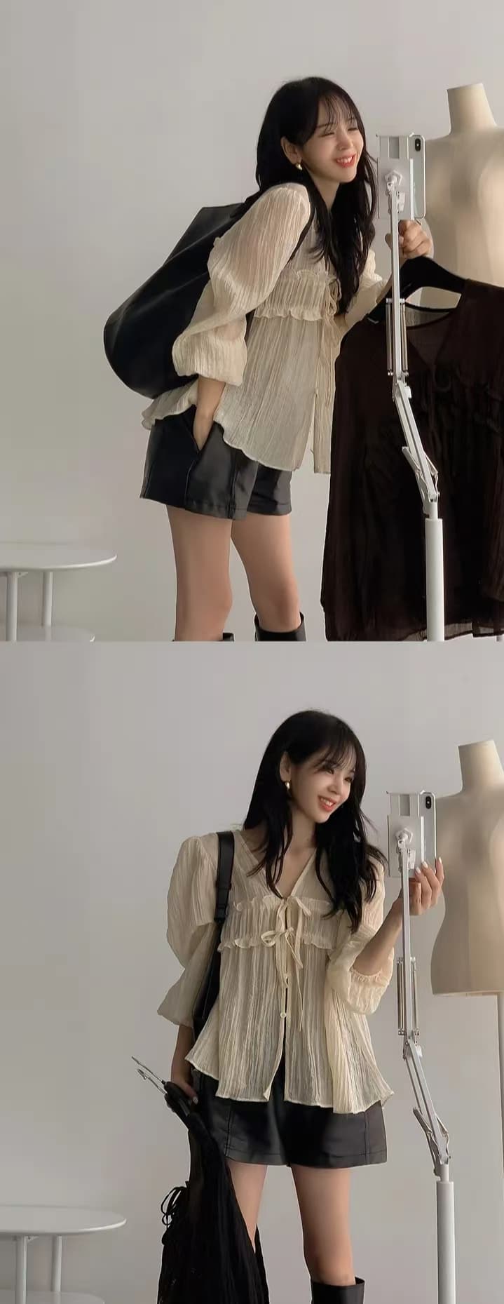 한국 ins 단색 폴로 칼라 레이스업 긴팔 자외선 차단 셔츠 상세 이미지 3