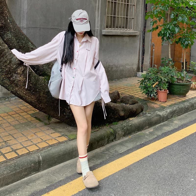 작은 대중 Chic 레이스업 색상 단추 스트라이프 여성 셔츠 새로운 긴팔 오픈 가디건 맨위 이미지 5