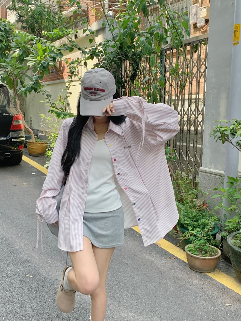 작은 대중 Chic 레이스업 색상 단추 스트라이프 여성 셔츠 새로운 긴팔 오픈 가디건 맨위 상세 이미지 2