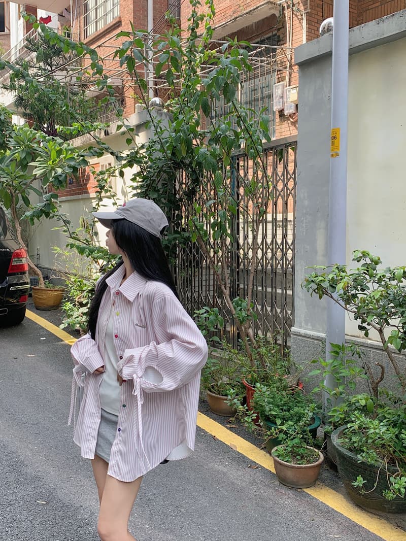 작은 대중 Chic 레이스업 색상 단추 스트라이프 여성 셔츠 새로운 긴팔 오픈 가디건 맨위 상세 이미지 11