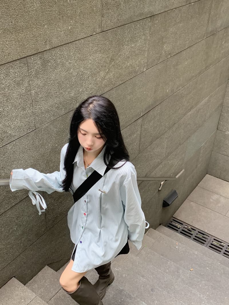 작은 대중 Chic 레이스업 색상 단추 스트라이프 여성 셔츠 새로운 긴팔 오픈 가디건 맨위 상세 이미지 20
