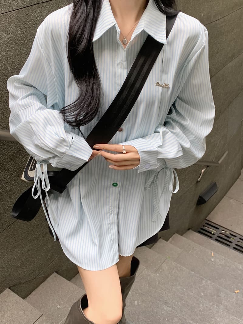 작은 대중 Chic 레이스업 색상 단추 스트라이프 여성 셔츠 새로운 긴팔 오픈 가디건 맨위 상세 이미지 21