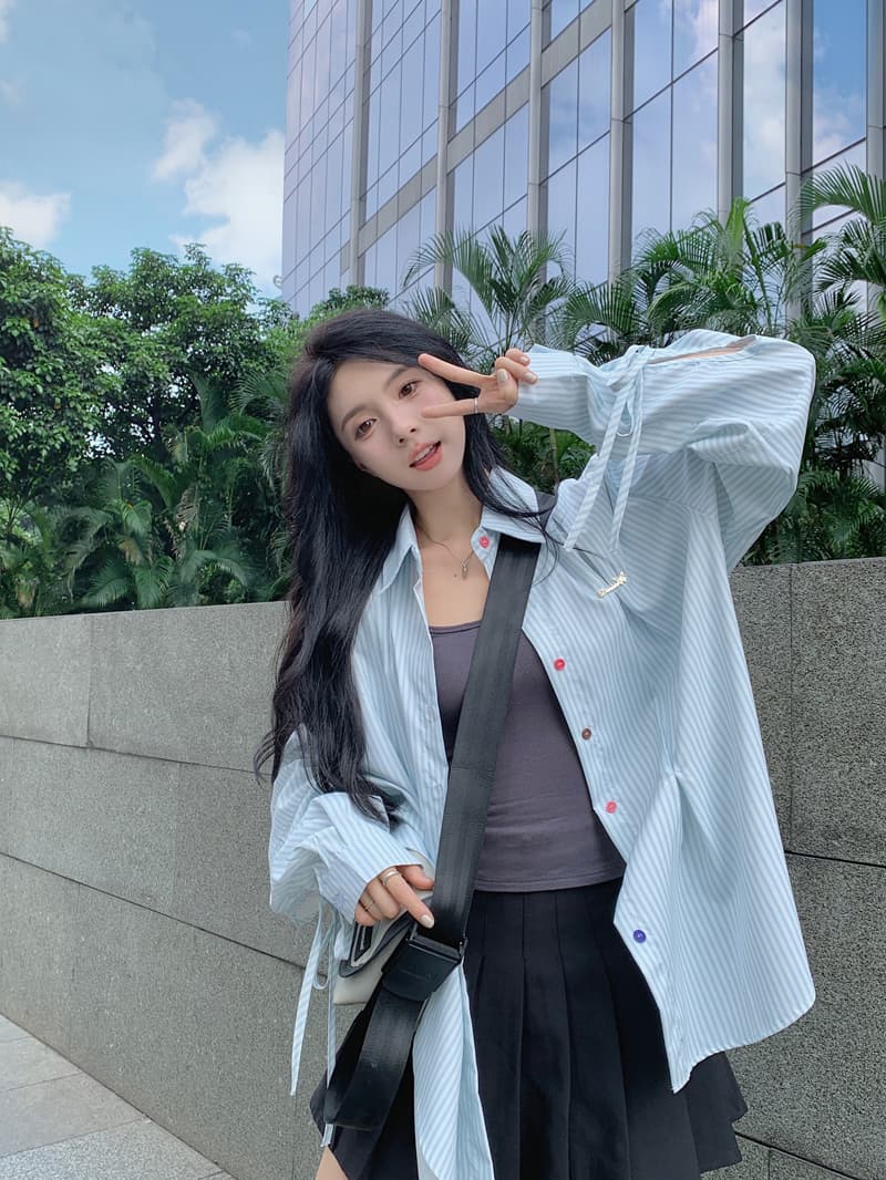 작은 대중 Chic 레이스업 색상 단추 스트라이프 여성 셔츠 새로운 긴팔 오픈 가디건 맨위 상세 이미지 23