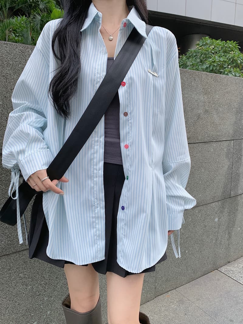 작은 대중 Chic 레이스업 색상 단추 스트라이프 여성 셔츠 새로운 긴팔 오픈 가디건 맨위 상세 이미지 27