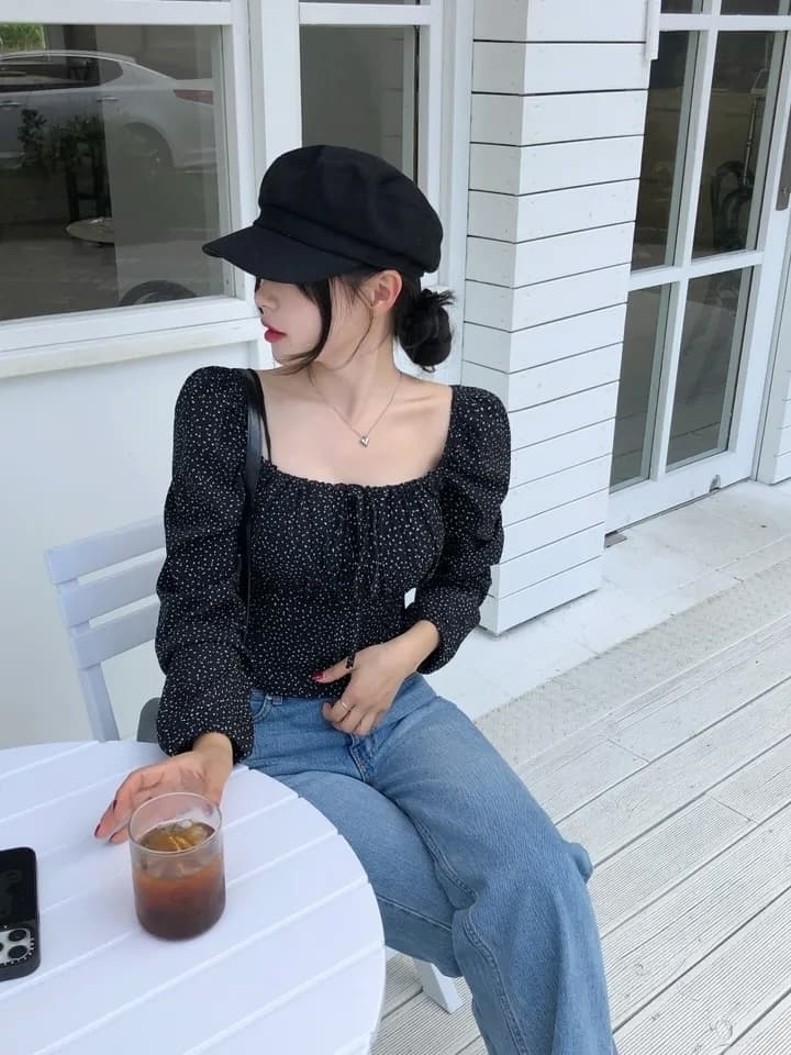 이른 가을 거품 소매 펌프 로프 레이스업 허리 수축 도트 긴팔 셔츠 상세 이미지 13