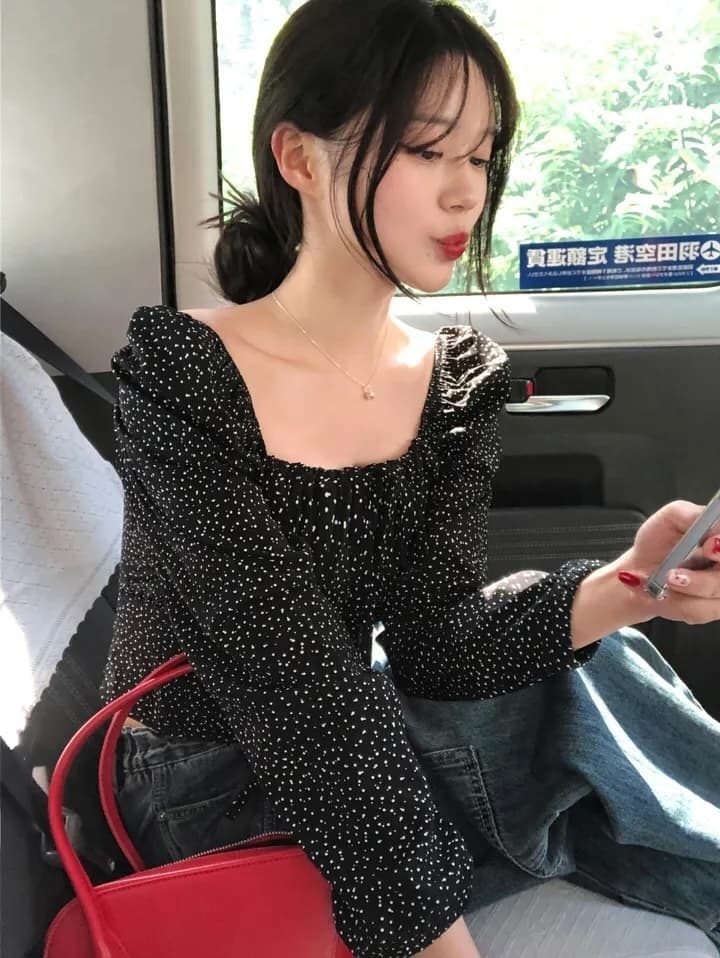 이른 가을 거품 소매 펌프 로프 레이스업 허리 수축 도트 긴팔 셔츠 상세 이미지 14