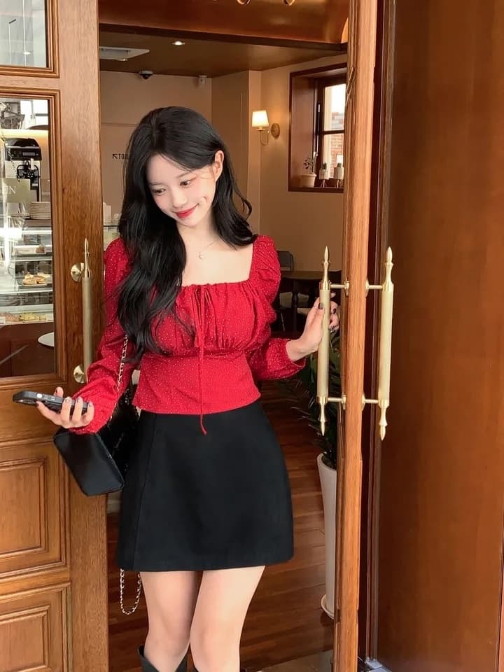 이른 가을 거품 소매 펌프 로프 레이스업 허리 수축 도트 긴팔 셔츠 상세 이미지 57