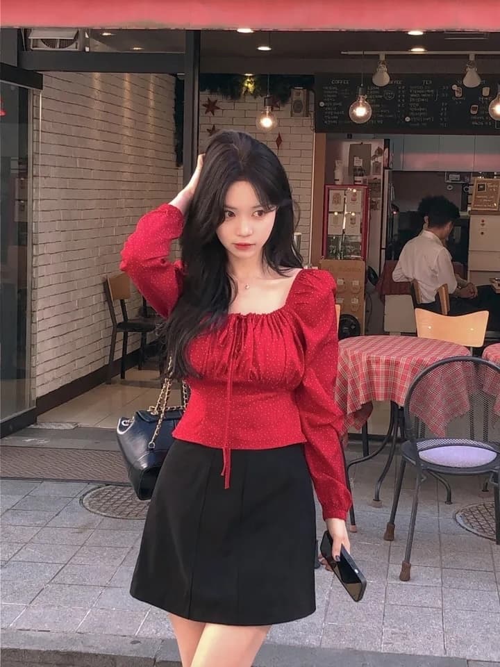 이른 가을 거품 소매 펌프 로프 레이스업 허리 수축 도트 긴팔 셔츠 상세 이미지 62