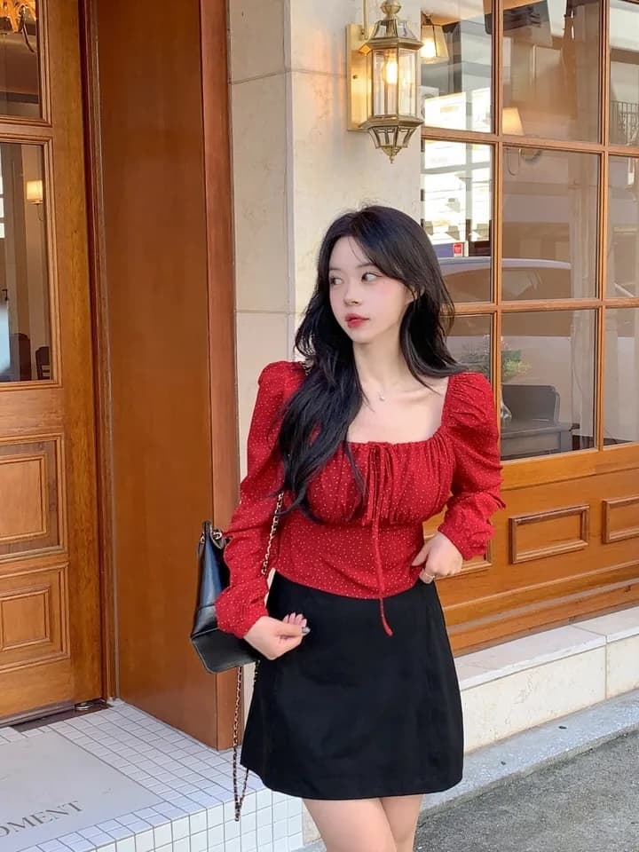 이른 가을 거품 소매 펌프 로프 레이스업 허리 수축 도트 긴팔 셔츠 상세 이미지 71