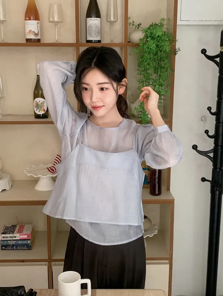 이른 가을 거품 소매 펌프 로프 레이스업 허리 수축 도트 긴팔 셔츠 상세 이미지 5